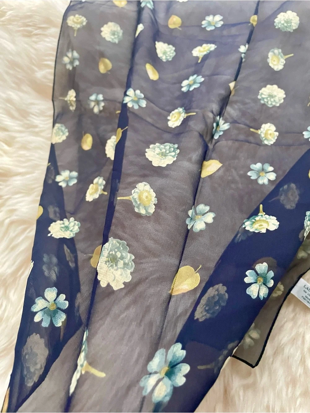 Vintage Laura Ashley Silk Chiffon Sheer Scarf Neckerchief Navy Floral